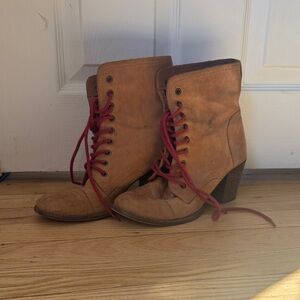 Vince Camuto Tan Lace-Up Ankle Boots with Red Laces